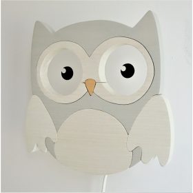 Bagoly  falilámpa, szürke/fehér - gyereklámpa fából 