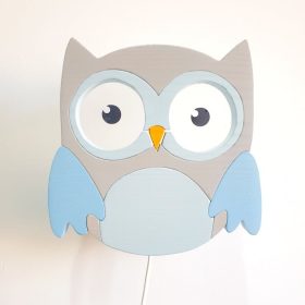 Bagoly  fali lámpa, szürke/kék - gyereklámpa fából