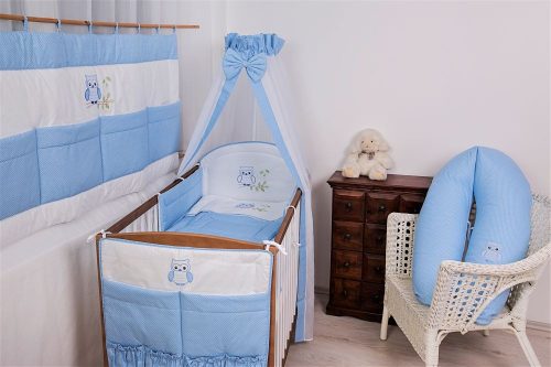 2 részes babaágynemű szett - Lulu bagoly , kék pöttyös 