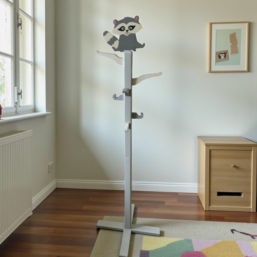 Szürke gyermek szobainas fából, mosómedve dísszel 